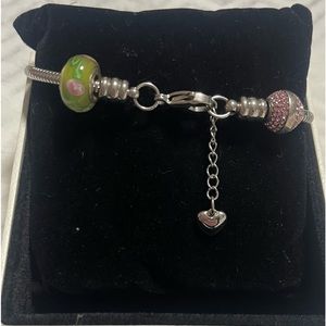 Soufeel Bracelet with 2 charm (pink rhinestone and green with pick flowers) 7”